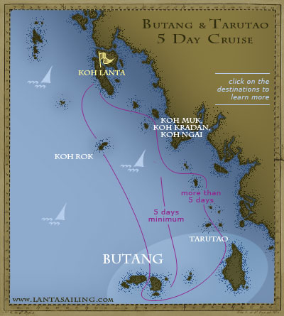Map of 5 days sailing itinerary to Butang and Tarutao