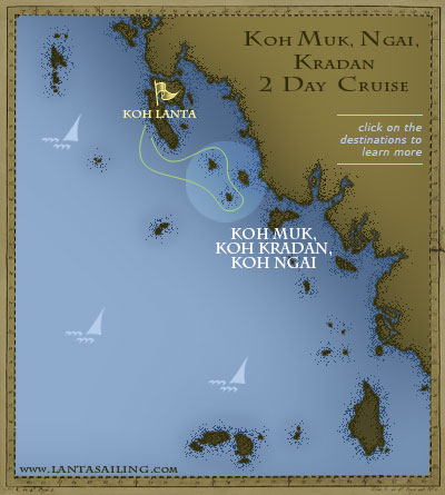 Map of 2 days sailing itinerary to Koh Muk, Koh Ngai and Koh Kradan